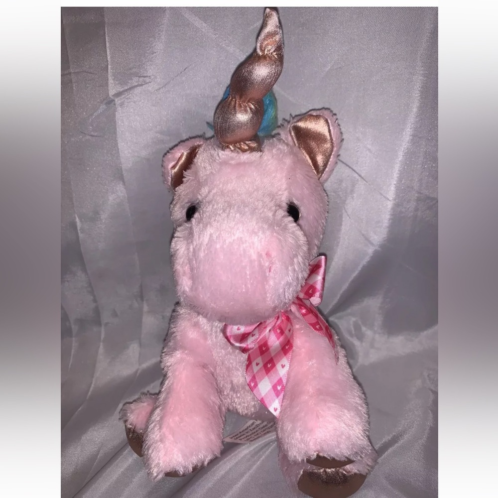 Pink Rose Gold Metallic Unicorn with Bow Plush Yellow Pink Mane Stuffed Toy